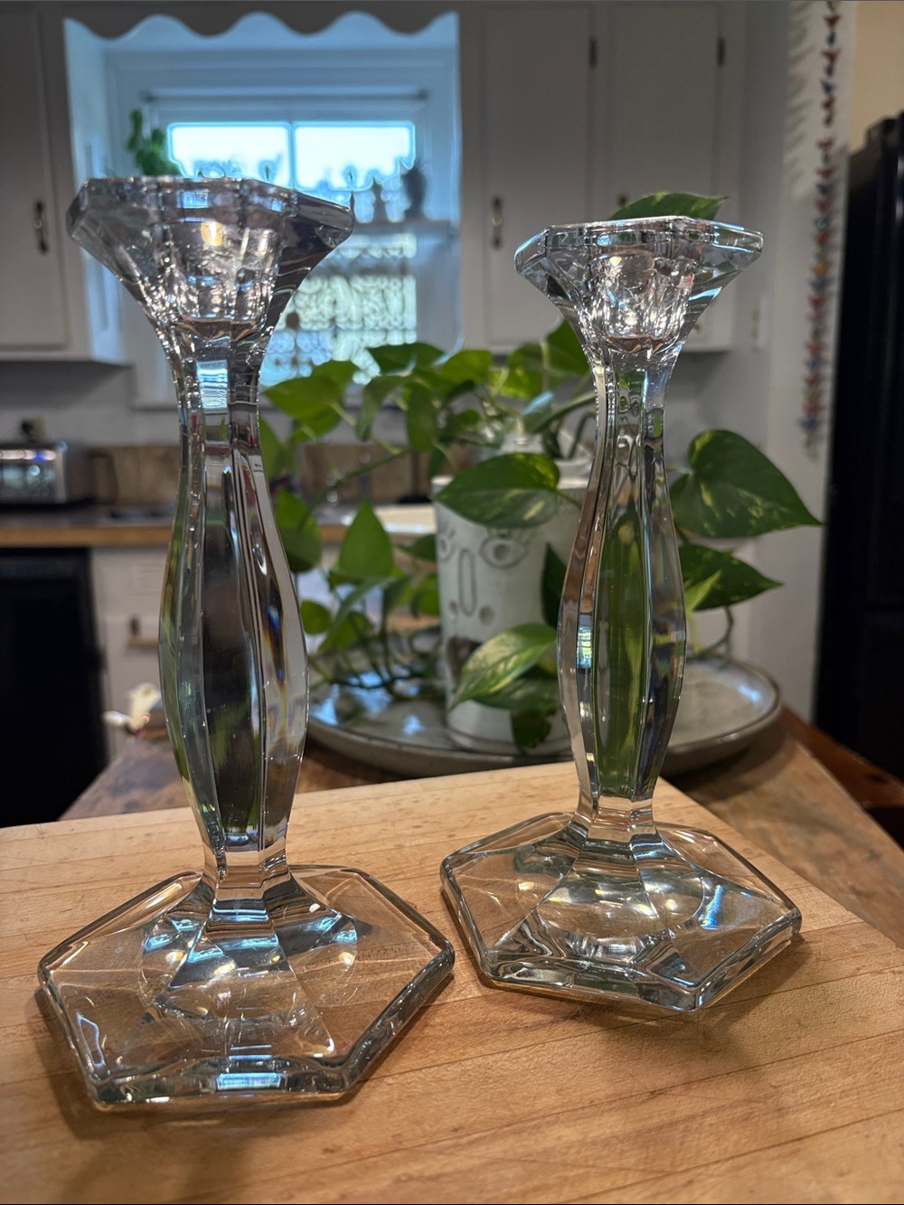 Clear Glass Hexagonal Candlestick Holders - Set of 2